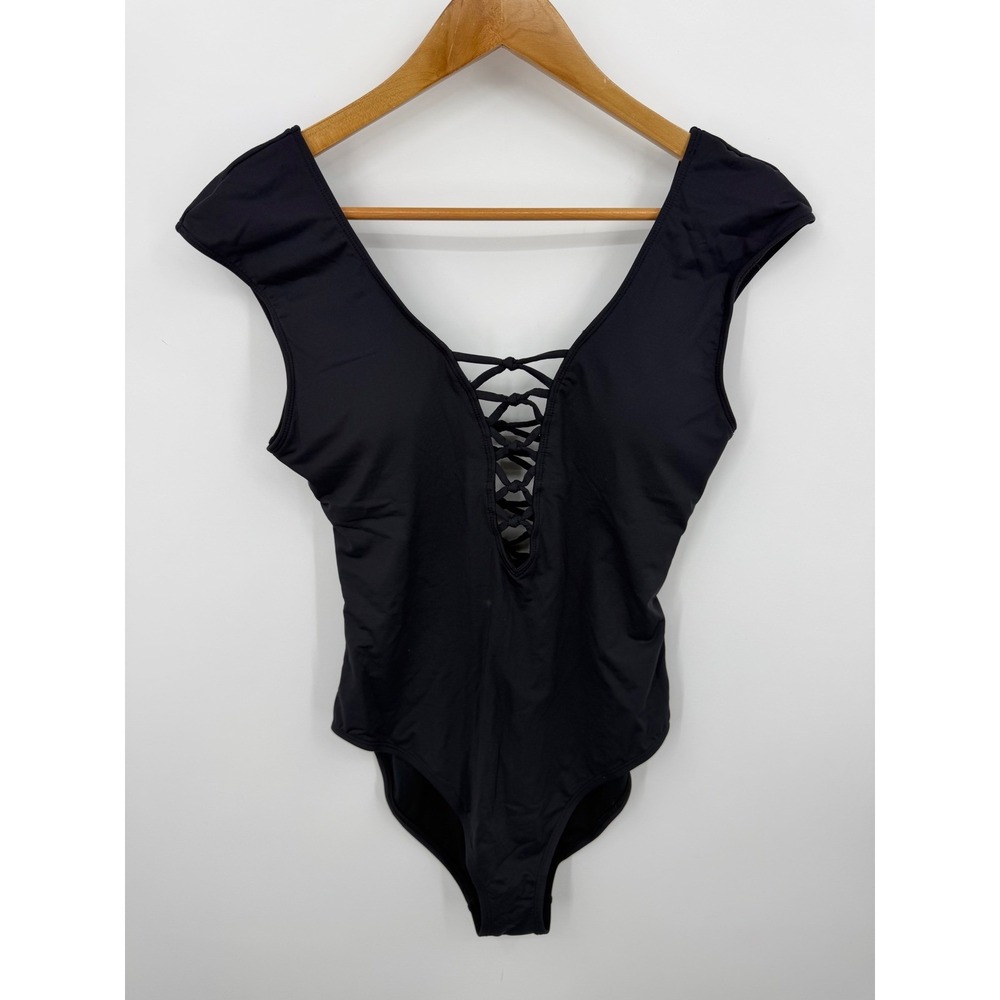 Amerex Lace Up One Piece Swimsuit Womens 10 Black Strappy V-Neck Cap Sleeve